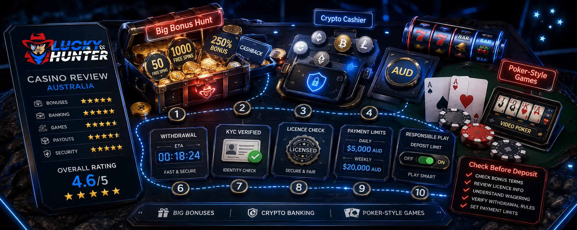 Lucky Hunter Casino Review Australia: Big Bonuses, Crypto Banking and Poker-Style Games on the Side