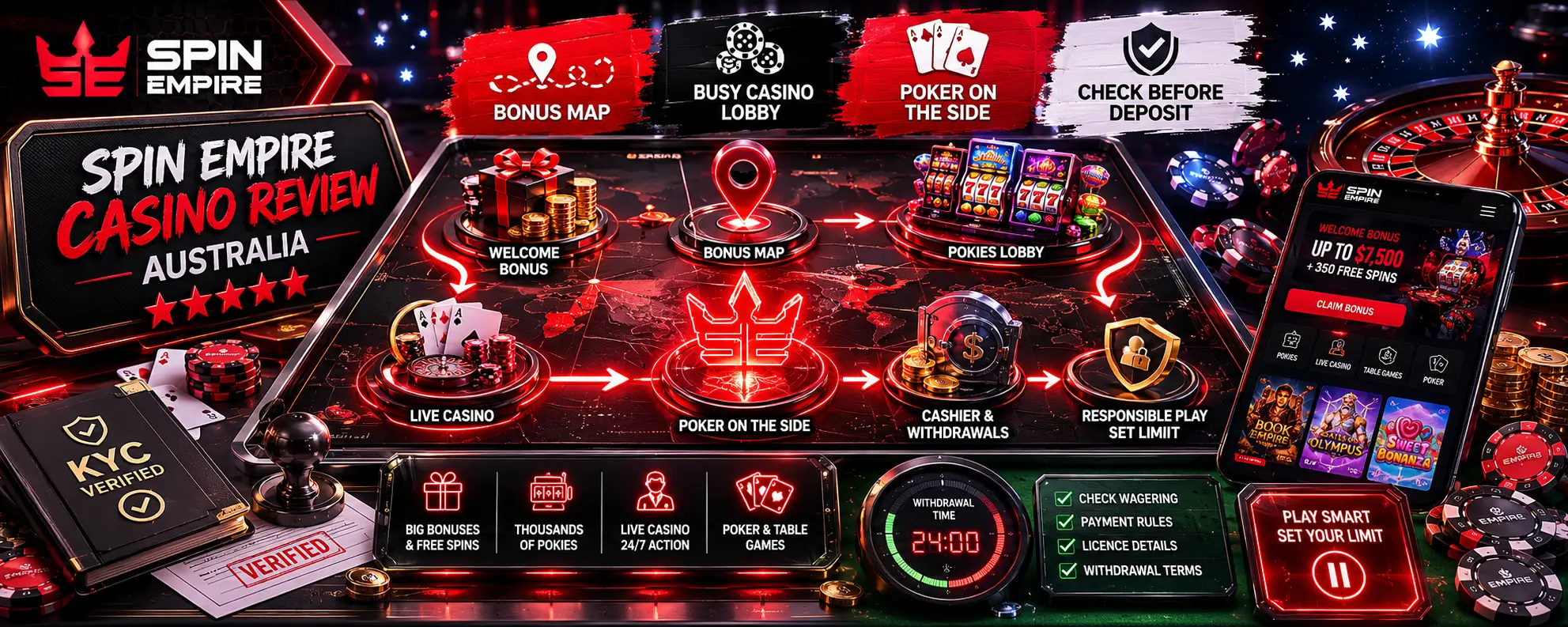 Spin Empire Casino Review Australia: Bonus Map, Busy Lobby and Poker on the Side